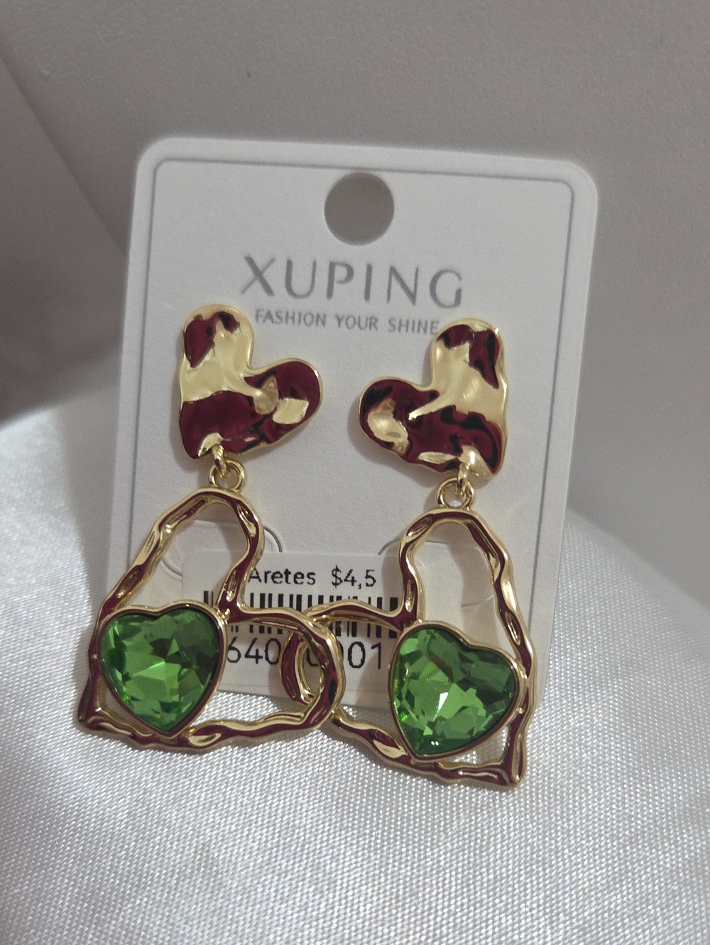 18k Laminated Gold-Tone Drop Earrings with Green and Burgundy Hearts